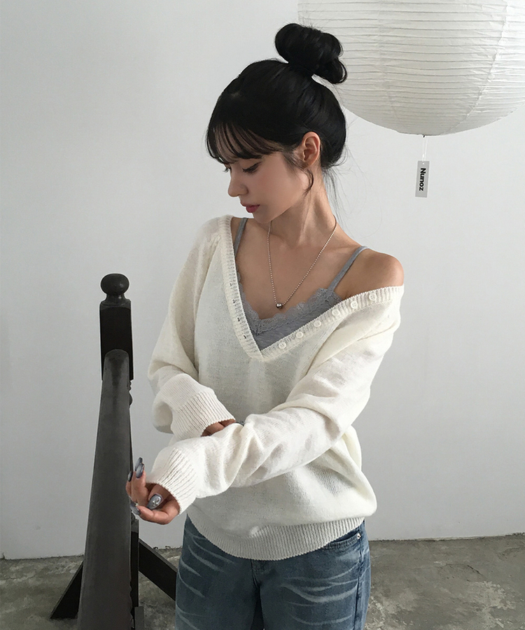 ルーズフィットディープVネックボタンニット(5color) IVORY