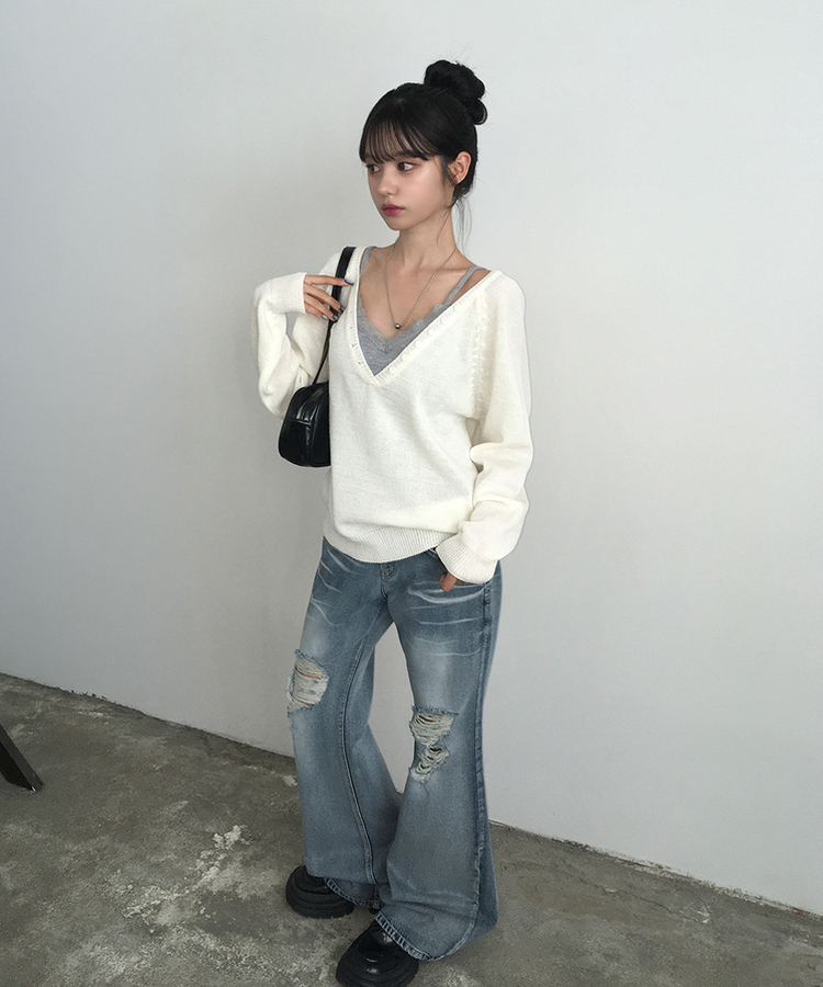ルーズフィットディープVネックボタンニット(5color) IVORY