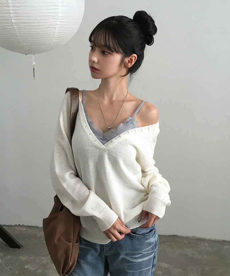ルーズフィットディープVネックボタンニット(5color) IVORY