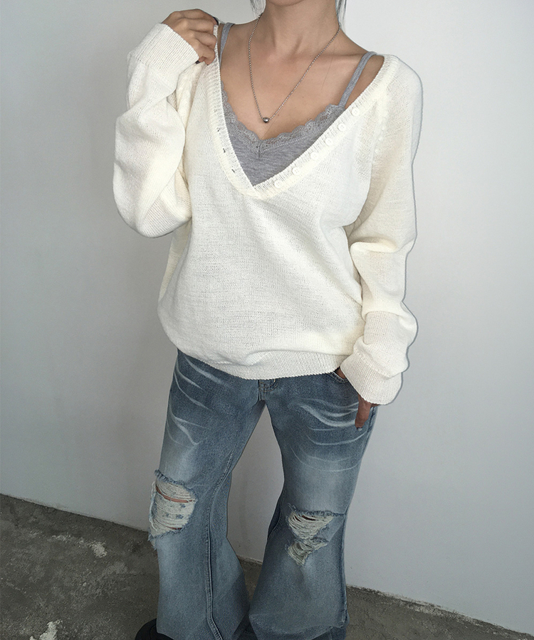 ルーズフィットディープVネックボタンニット(5color) IVORY