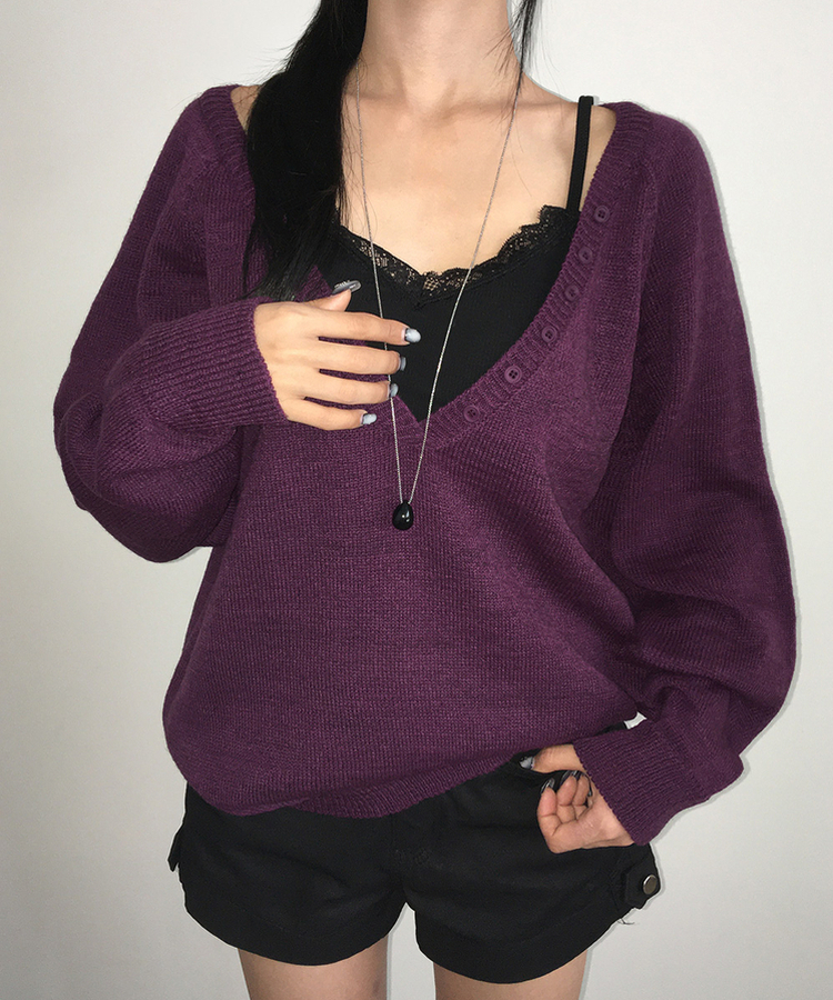 ルーズフィットディープVネックボタンニット(5color) PURPLE