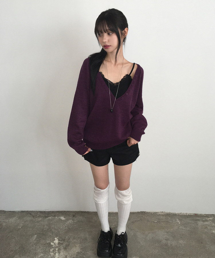 ルーズフィットディープVネックボタンニット(5color) PURPLE