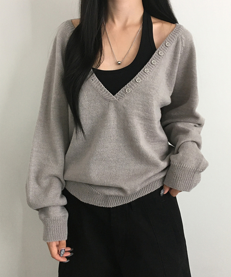 ルーズフィットディープVネックボタンニット(5color) GREY