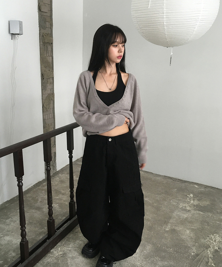 ルーズフィットディープVネックボタンニット(5color) GREY