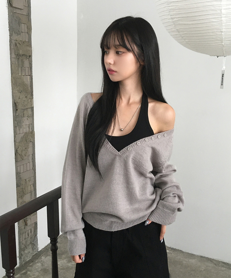 ルーズフィットディープVネックボタンニット(5color) GREY