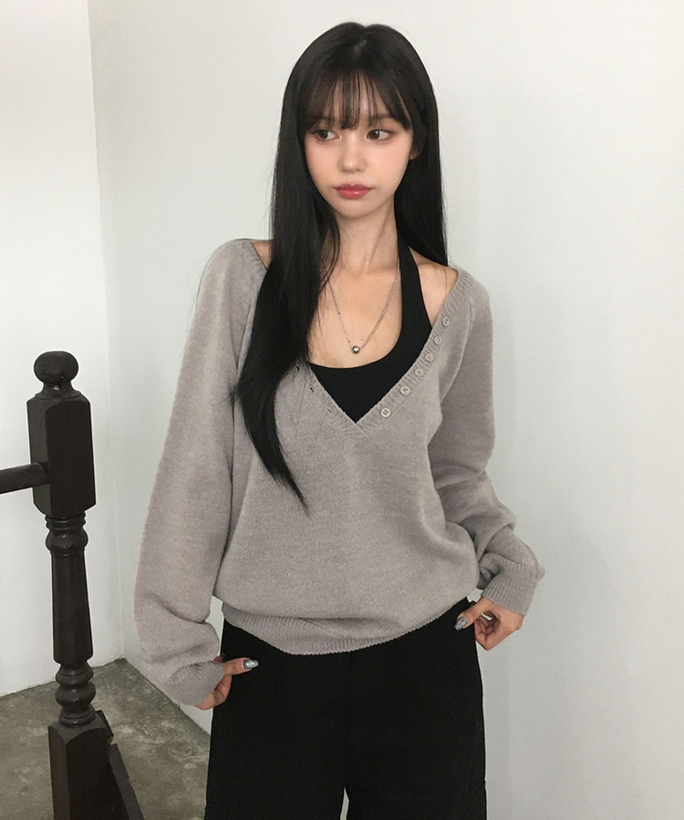 ルーズフィットディープVネックボタンニット(5color) GREY