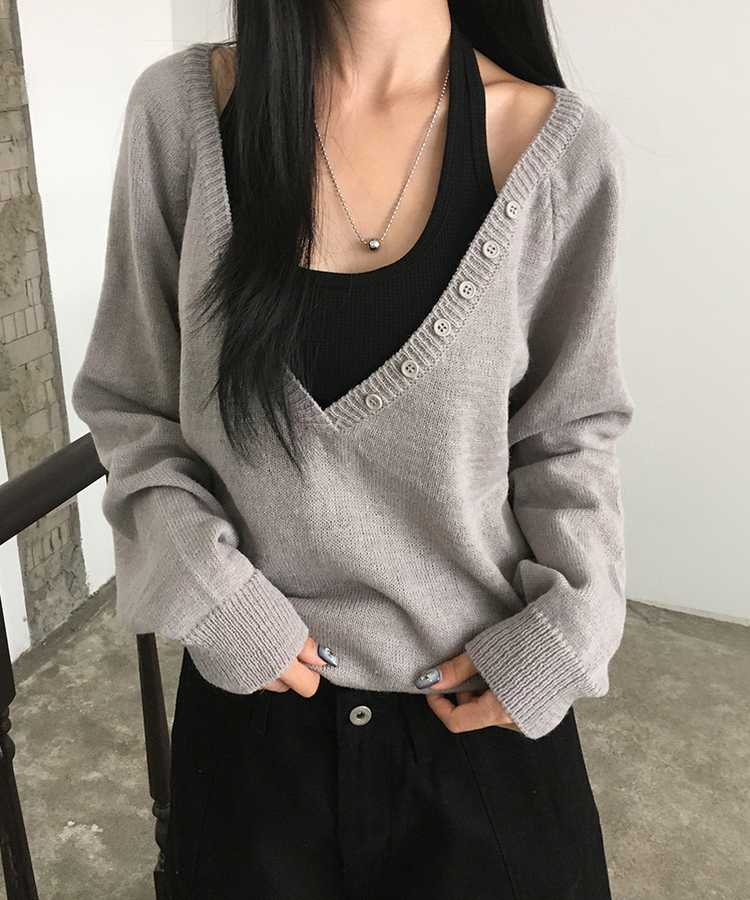 ルーズフィットディープVネックボタンニット(5color) GREY