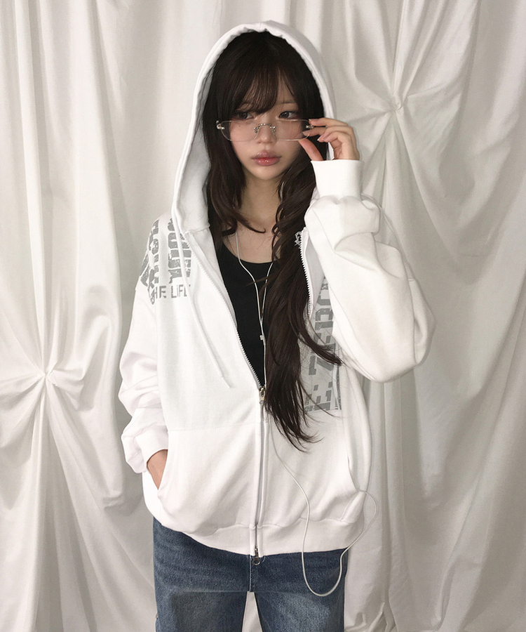 レタリングプリントジップアップフードトレーナー WHITE