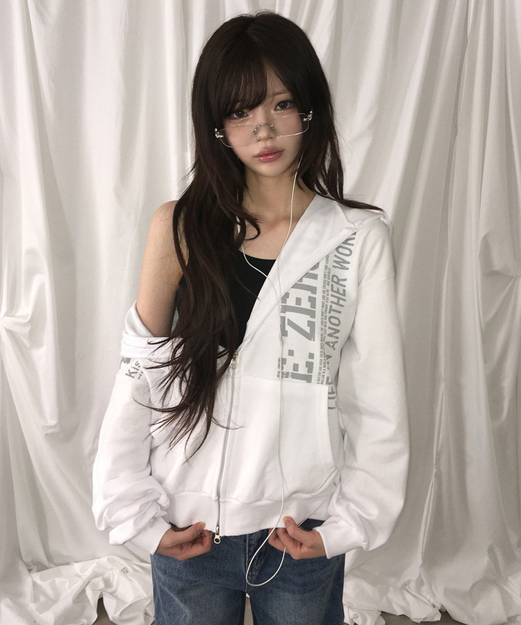 レタリングプリントジップアップフードトレーナー WHITE
