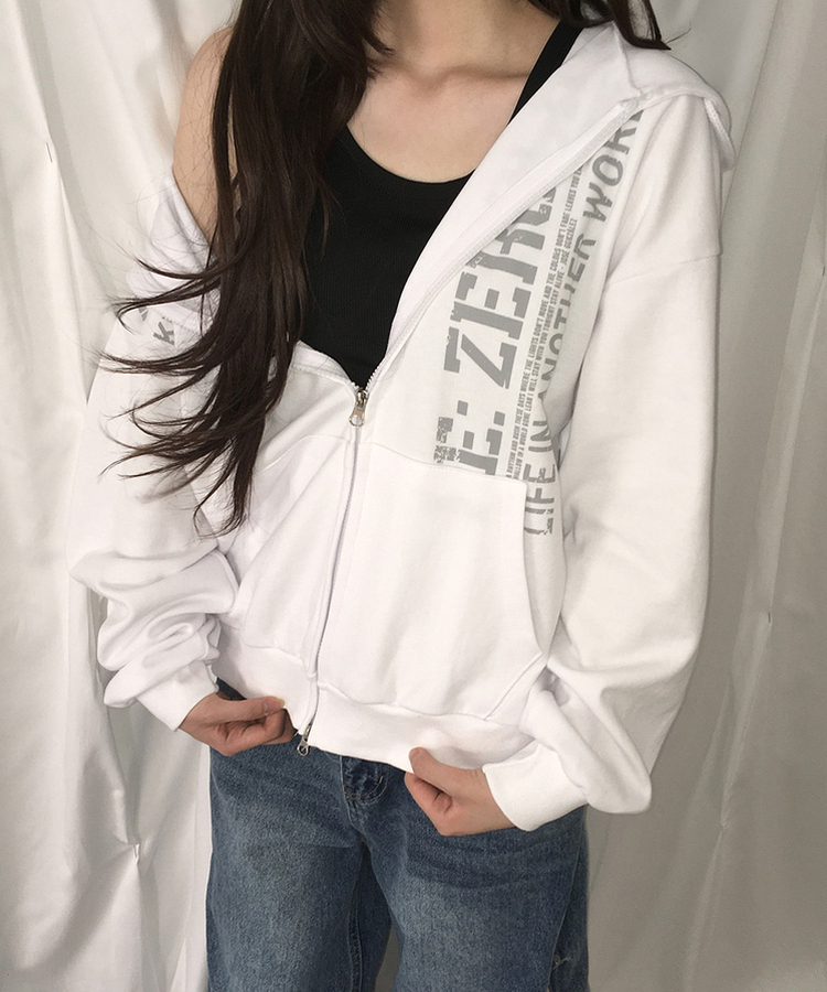 レタリングプリントジップアップフードトレーナー WHITE