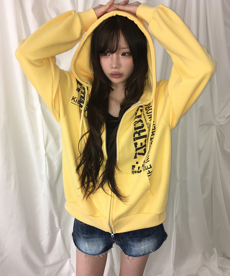 レタリングプリントジップアップフードトレーナー YELLOW