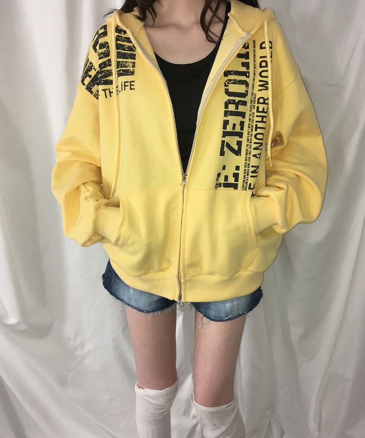 レタリングプリントジップアップフードトレーナー YELLOW