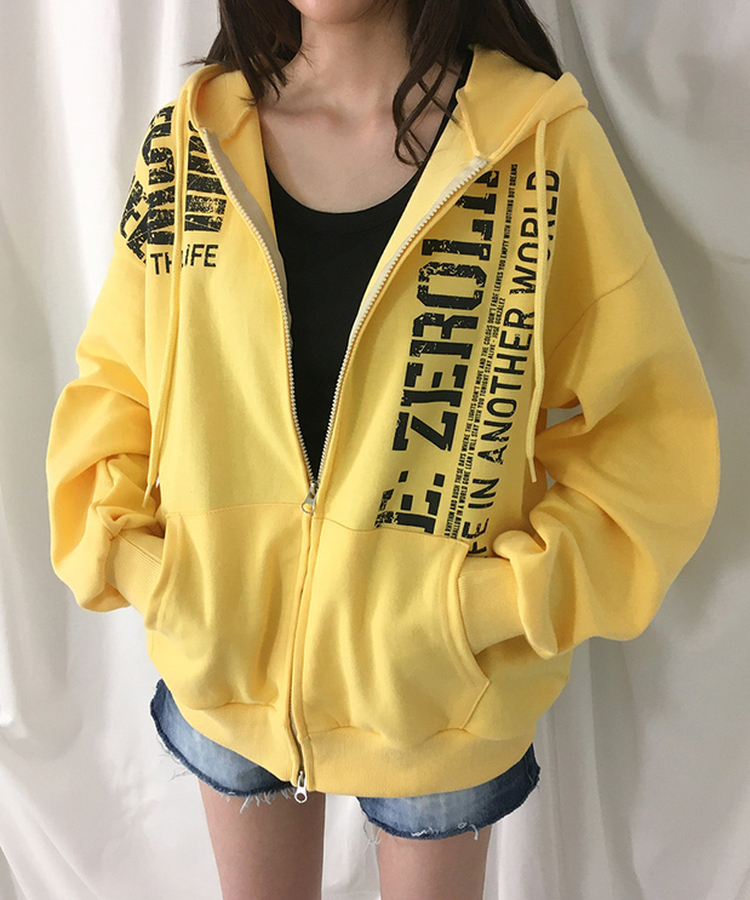 レタリングプリントジップアップフードトレーナー YELLOW