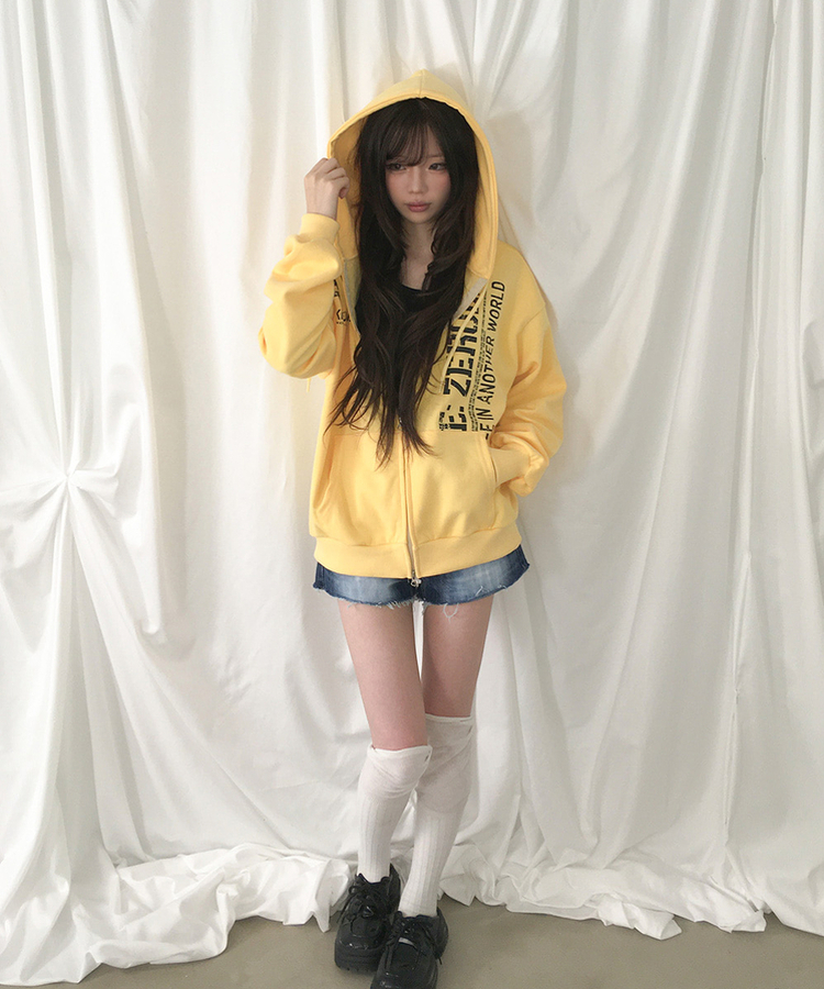 レタリングプリントジップアップフードトレーナー YELLOW