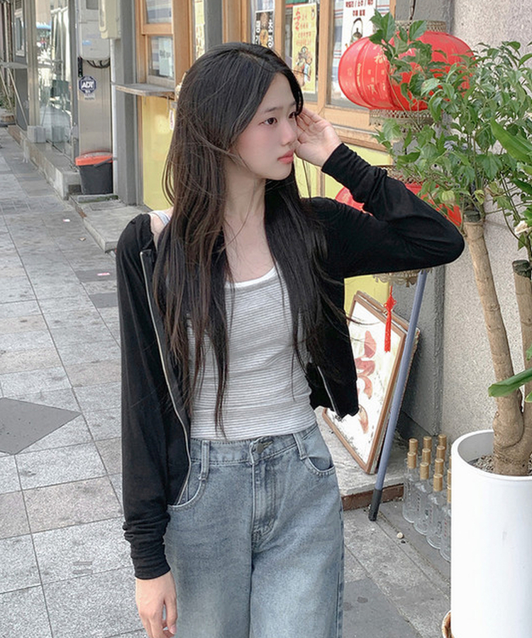スリムフードジップアップTシャツ BLACK
