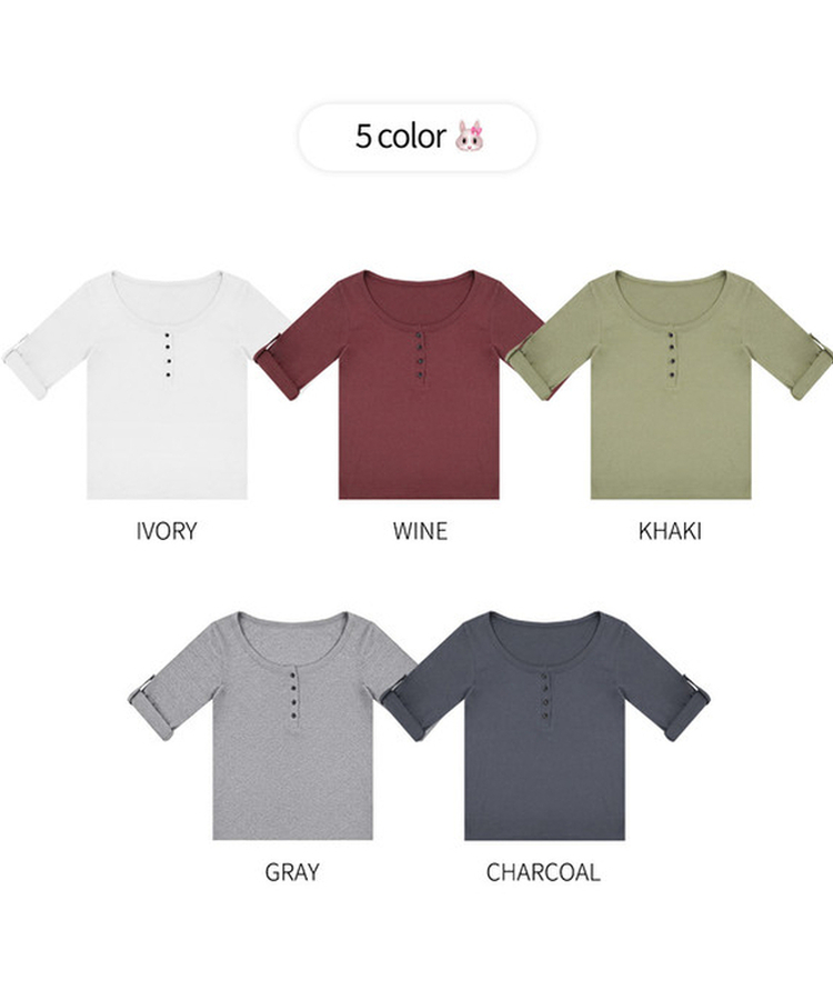 ボタンロールアップ七分袖Tシャツ(5color)