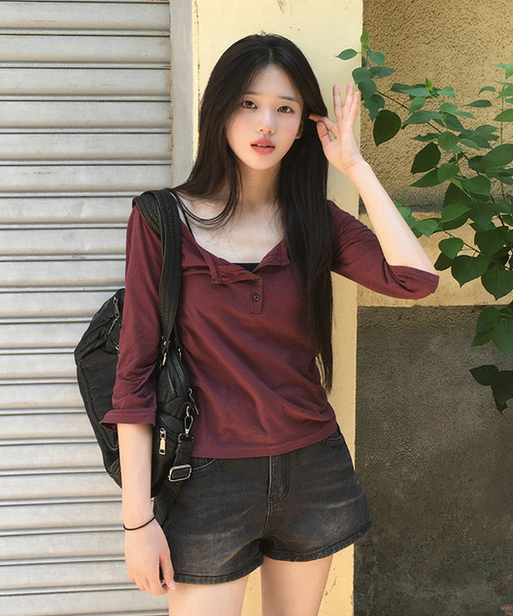 ボタンロールアップ七分袖Tシャツ(5color) WINE