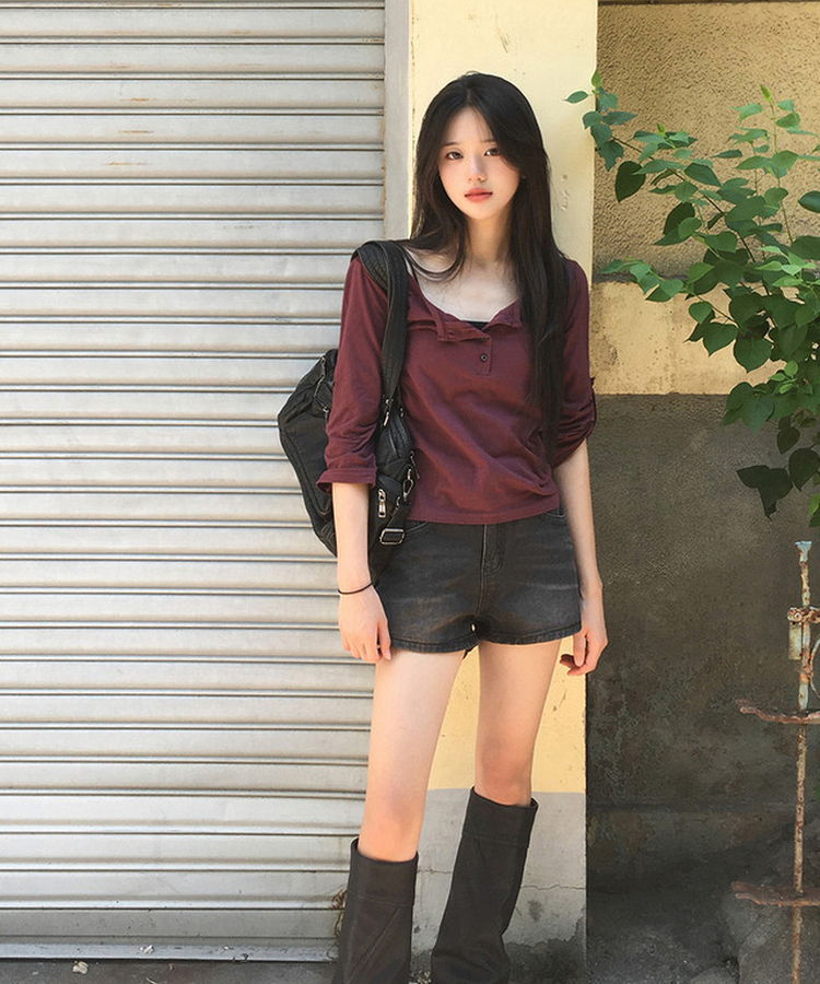 ボタンロールアップ七分袖Tシャツ(5color) WINE