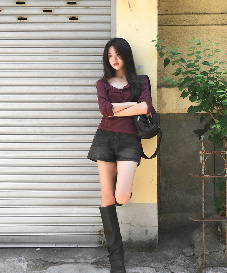ボタンロールアップ七分袖Tシャツ(5color) WINE