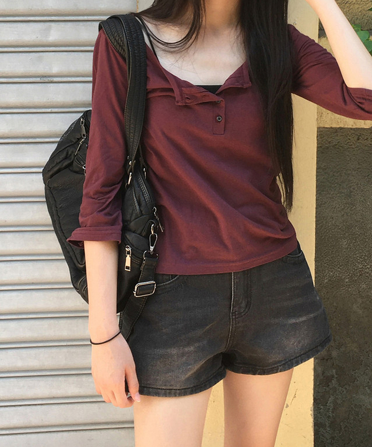 ボタンロールアップ七分袖Tシャツ(5color) WINE