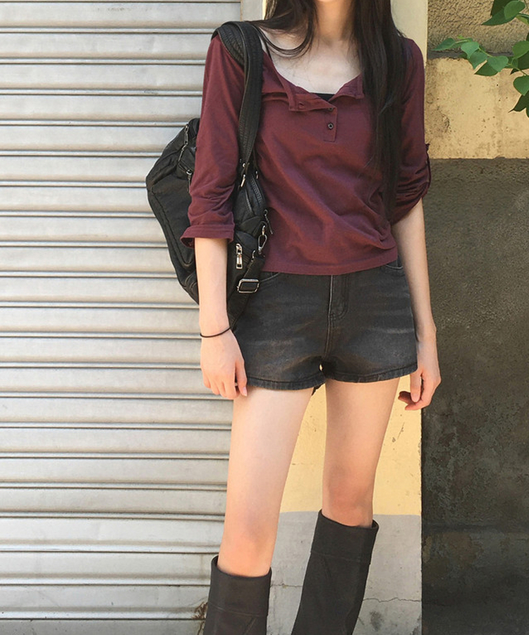 ボタンロールアップ七分袖Tシャツ(5color) WINE