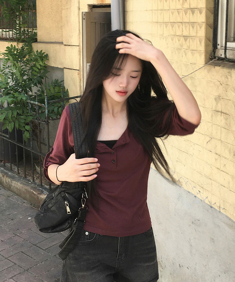 ボタンロールアップ七分袖Tシャツ(5color) WINE