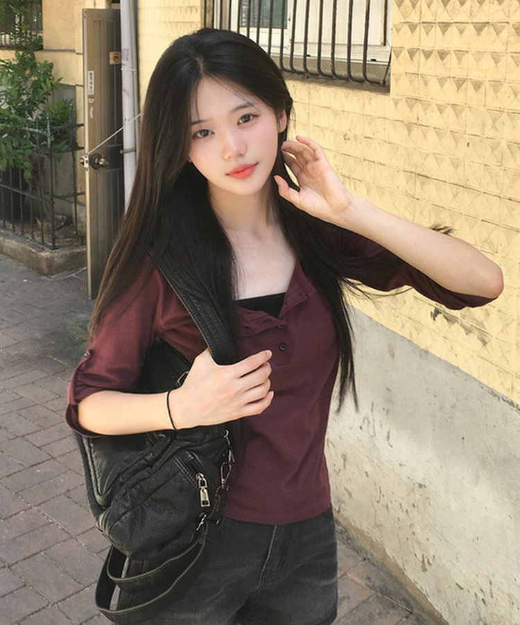 ボタンロールアップ七分袖Tシャツ(5color) WINE