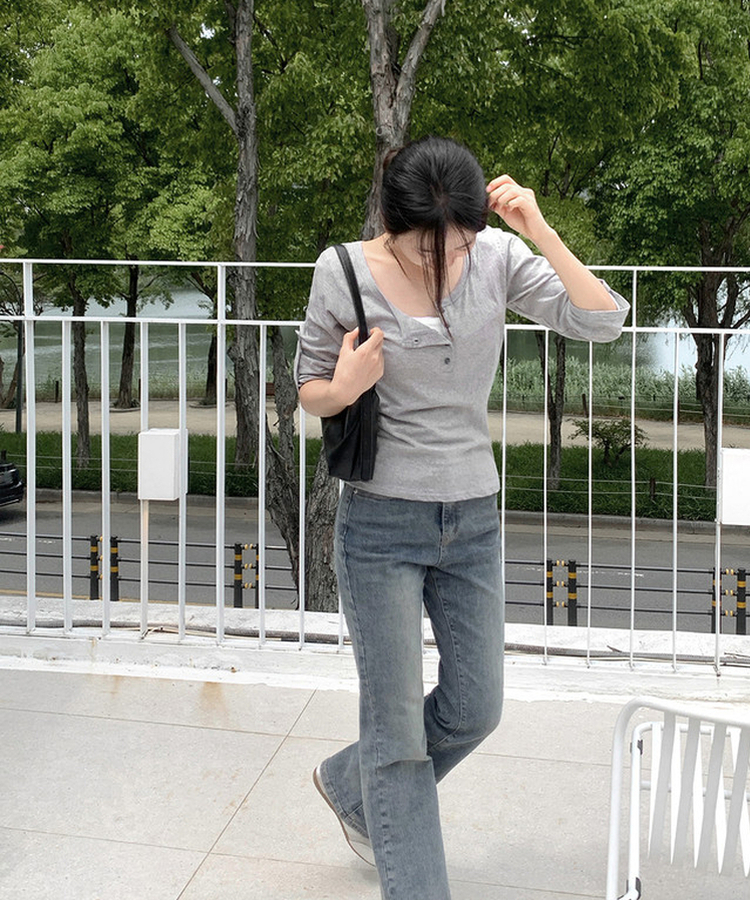 ボタンロールアップ七分袖Tシャツ(5color) GREY