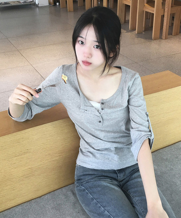 ボタンロールアップ七分袖Tシャツ(5color) GREY