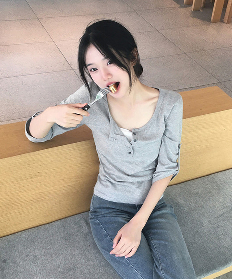 ボタンロールアップ七分袖Tシャツ(5color) GREY