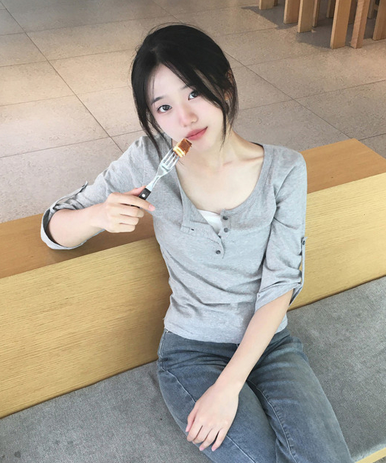 ボタンロールアップ七分袖Tシャツ(5color) GREY