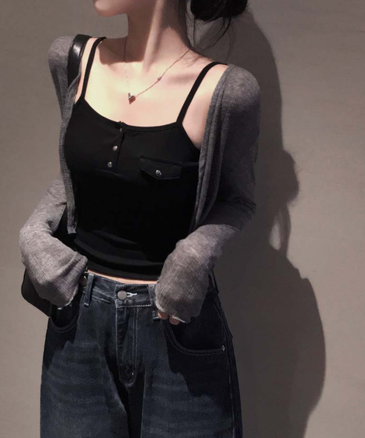 【カップ付き】ボタンキャップノースリーブ BLACK