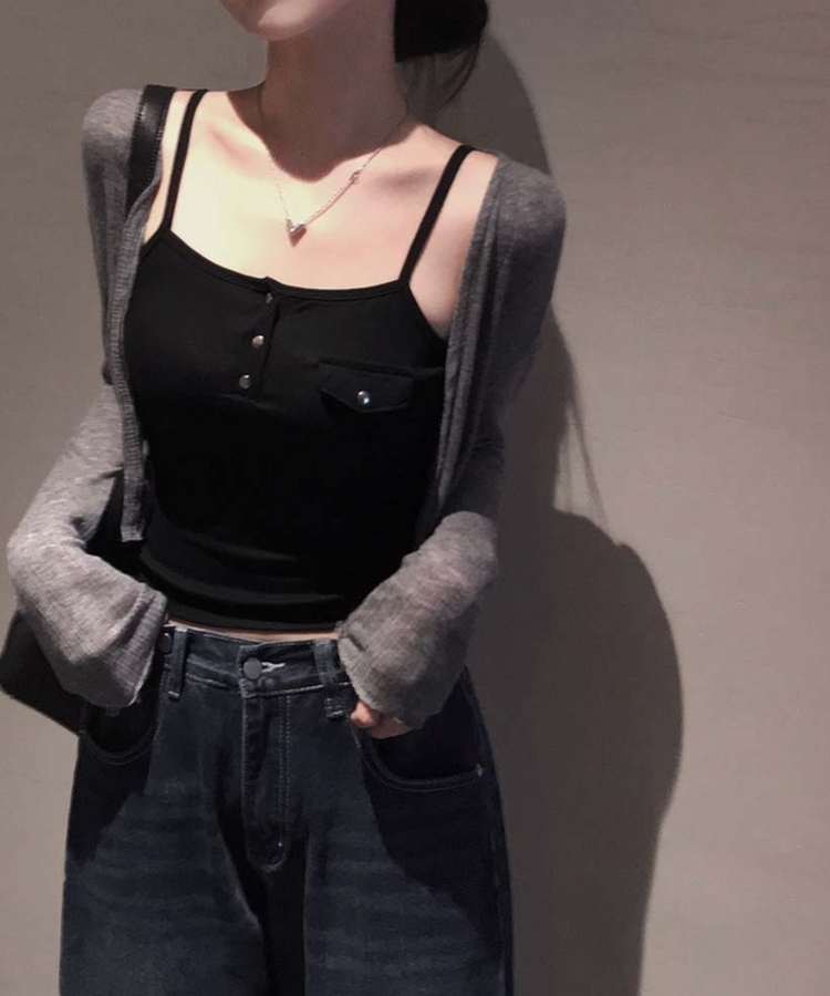 【カップ付き】ボタンキャップノースリーブ BLACK