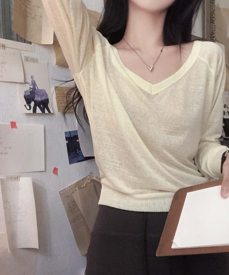 シアーVネッククロップド長袖Tシャツ LIGHT YELLOW