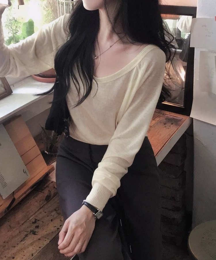 シアーVネッククロップド長袖Tシャツ LIGHT YELLOW