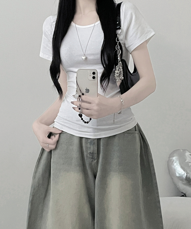 Uネックリブスリム半袖Tシャツ(6color) IVORY