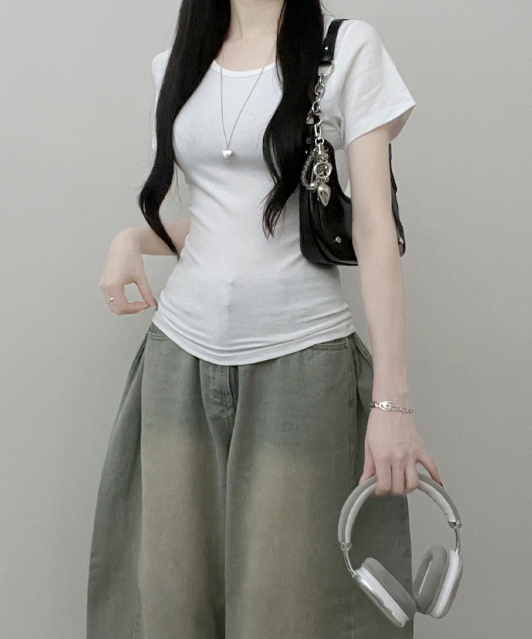 Uネックリブスリム半袖Tシャツ(6color) IVORY