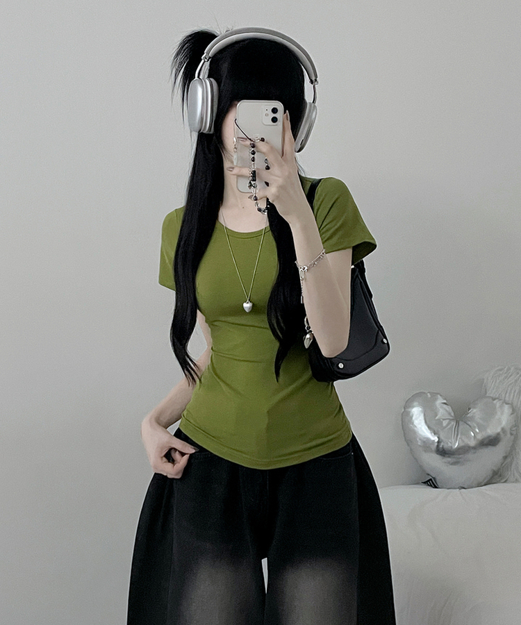Uネックリブスリム半袖Tシャツ(6color) LIGHT GREEN