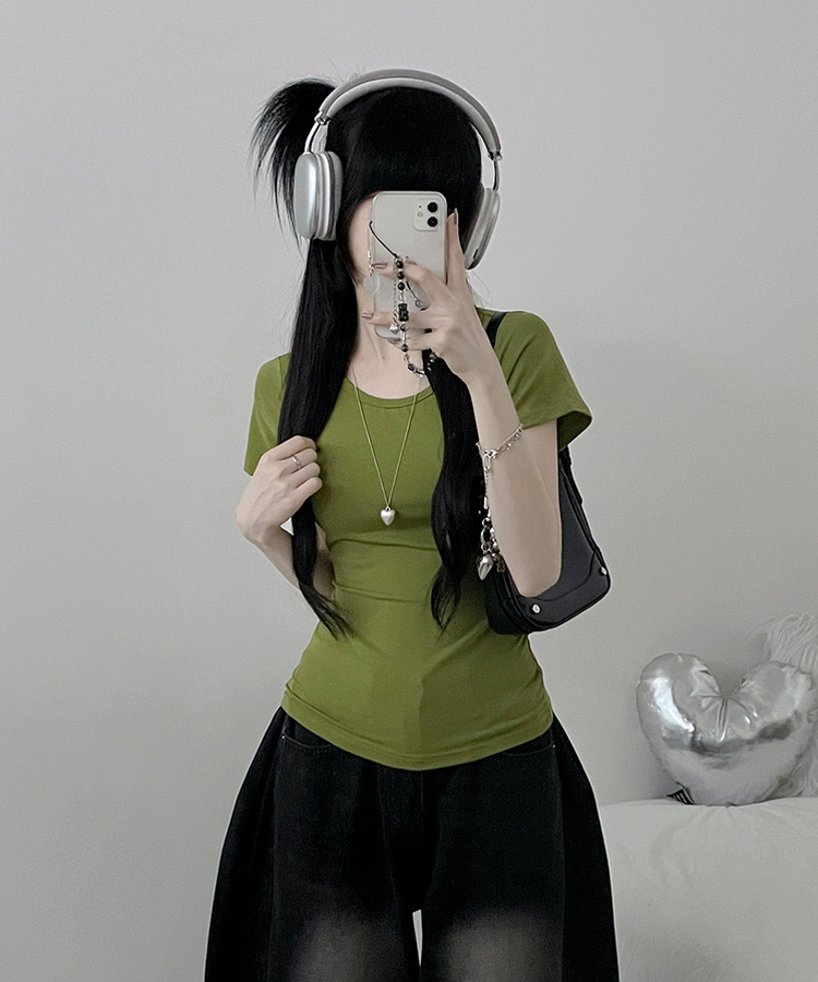 Uネックリブスリム半袖Tシャツ(6color) LIGHT GREEN