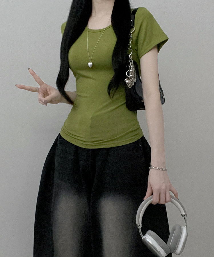 Uネックリブスリム半袖Tシャツ(6color) LIGHT GREEN