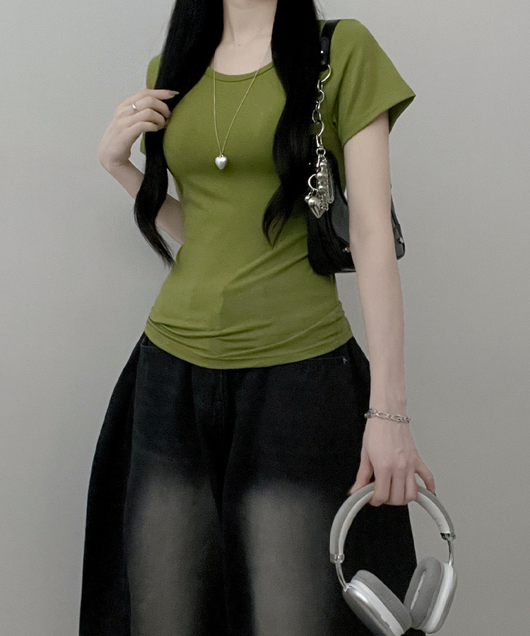 Uネックリブスリム半袖Tシャツ(6color) LIGHT GREEN