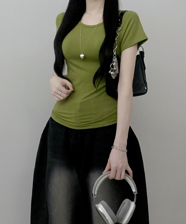 Uネックリブスリム半袖Tシャツ(6color) LIGHT GREEN