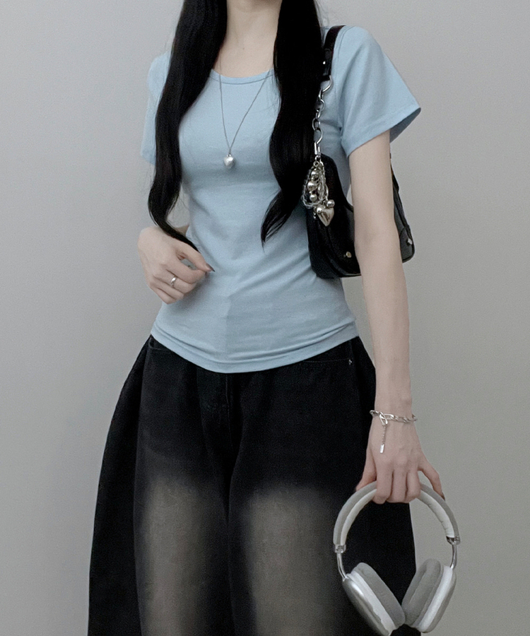 Uネックリブスリム半袖Tシャツ(6color) SKY BLUE