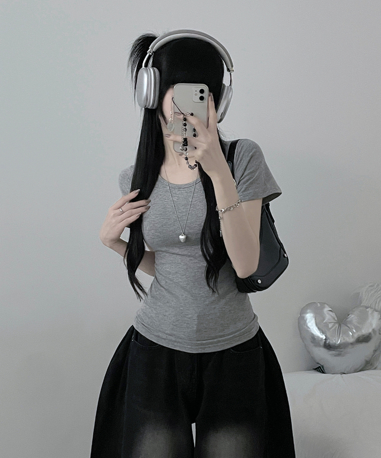 Uネックリブスリム半袖Tシャツ(6color) GRAY