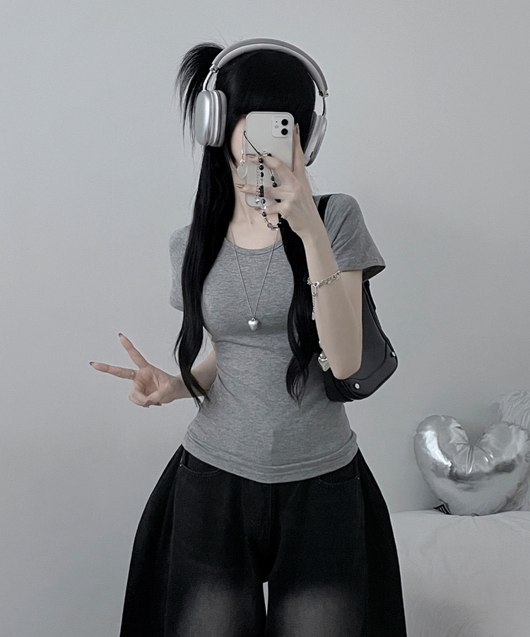 Uネックリブスリム半袖Tシャツ(6color) GRAY