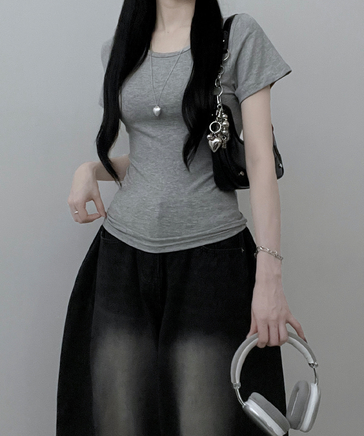 Uネックリブスリム半袖Tシャツ(6color) GRAY