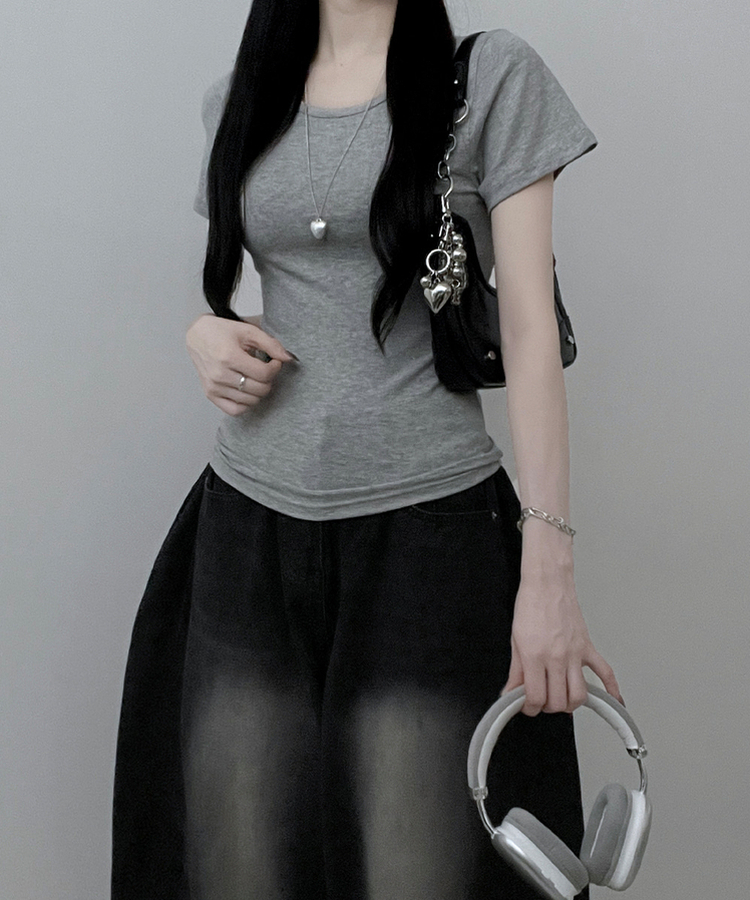 Uネックリブスリム半袖Tシャツ(6color) GRAY