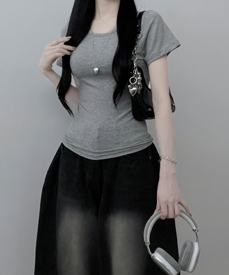 Uネックリブスリム半袖Tシャツ(6color) GRAY