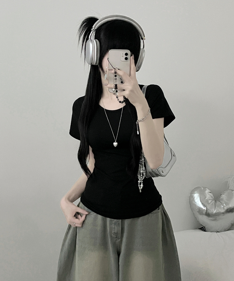 Uネックリブスリム半袖Tシャツ(6color) BLACK