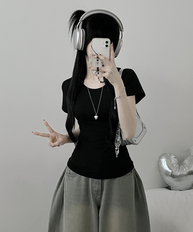 Uネックリブスリム半袖Tシャツ(6color) BLACK